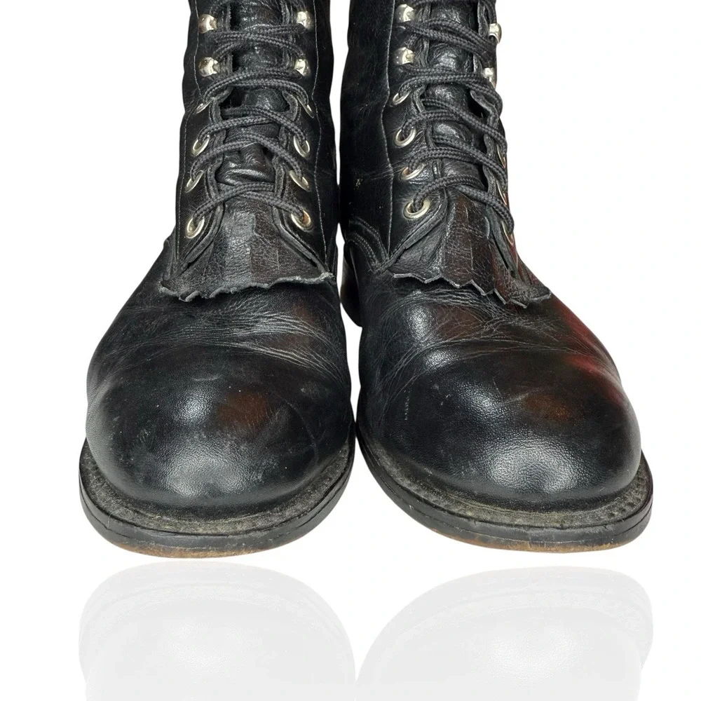 Vintage Justin Black Leather Roper Boots Mens‎ 5D Lace-Up Western Logger